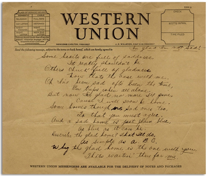 Moe Howard Handwritten Poem to His Wife Entitled ''I'm glad I'm not Sad!'' -- On 8.25'' x 7'' Western Union Telegram Paper, Circa 1930s -- Very Good